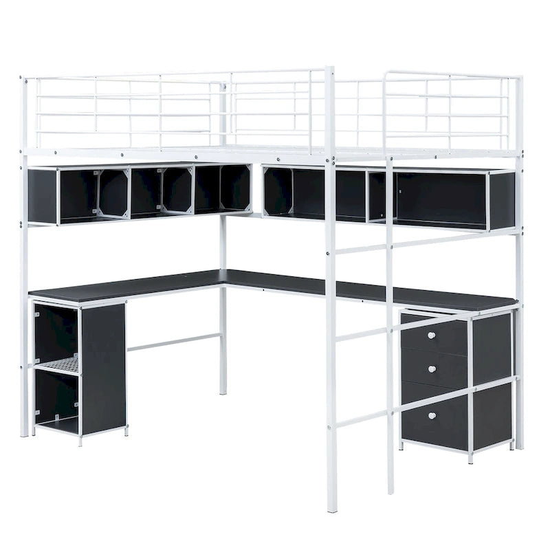 Letto a soppalco nero in metallo con libreria, scrivania e armadietto – Matrimoniale (Full Size), 1 persona