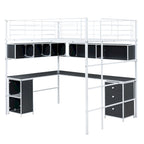 Letto a soppalco nero in metallo con libreria, scrivania e armadietto – Matrimoniale (Full Size), 1 persona