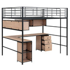 Letto a soppalco nero in metallo con libreria, scrivania e armadietto – Matrimoniale (Full Size), 1 persona