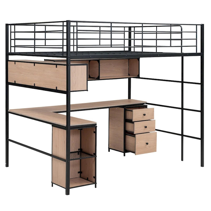 Letto a soppalco nero in metallo con libreria, scrivania e armadietto – Matrimoniale (Full Size), 1 persona