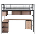 Letto a soppalco nero in metallo con libreria, scrivania e armadietto – Matrimoniale (Full Size), 1 persona