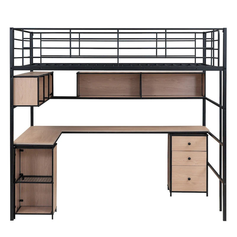 Letto a soppalco nero in metallo con libreria, scrivania e armadietto – Matrimoniale (Full Size), 1 persona