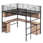 Letto a soppalco nero in metallo con libreria, scrivania e armadietto – Matrimoniale (Full Size), 1 persona