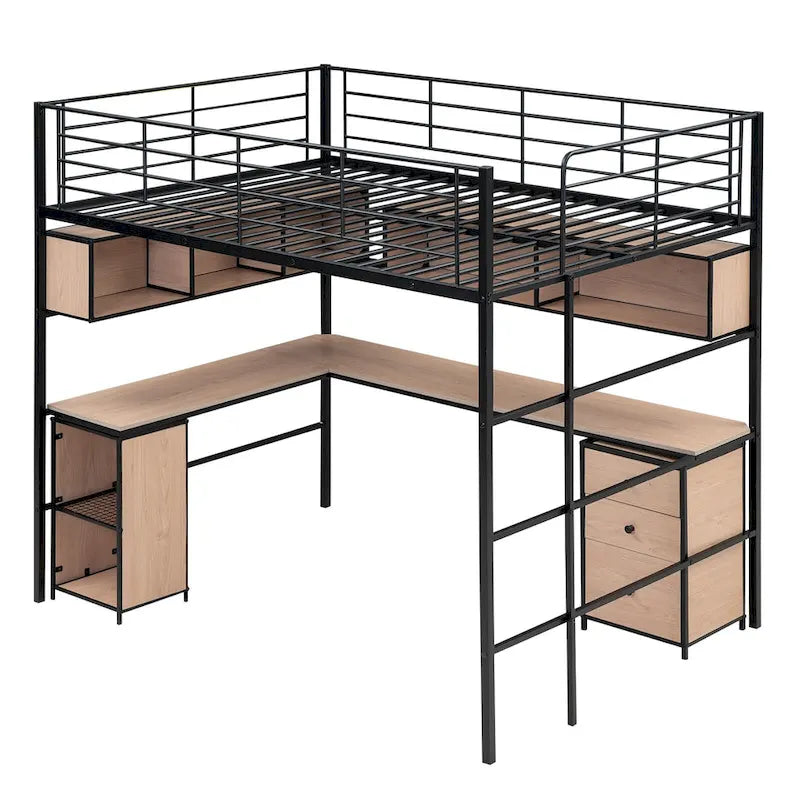 Letto a soppalco nero in metallo con libreria, scrivania e armadietto – Matrimoniale (Full Size), 1 persona