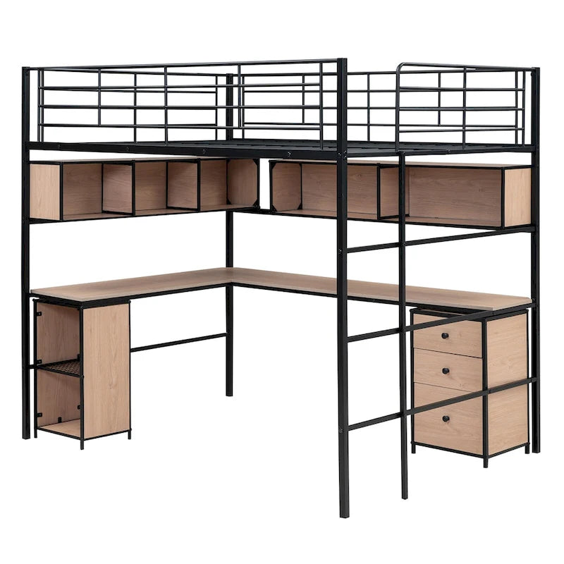 Letto a soppalco nero in metallo con libreria, scrivania e armadietto – Matrimoniale (Full Size), 1 persona