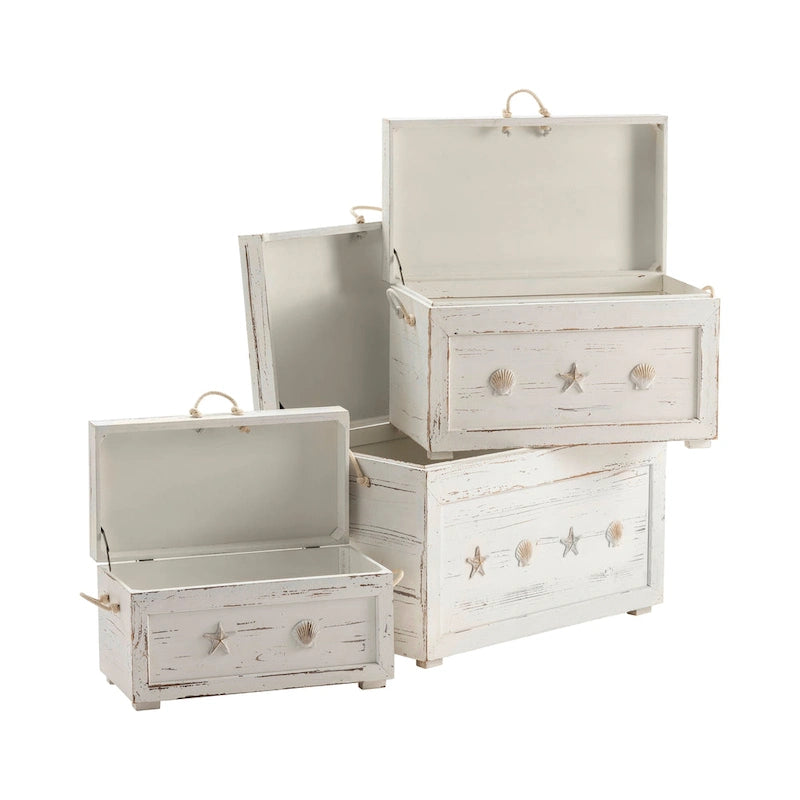 Set di 3 bauli portaoggetti bianchi con piano in legno