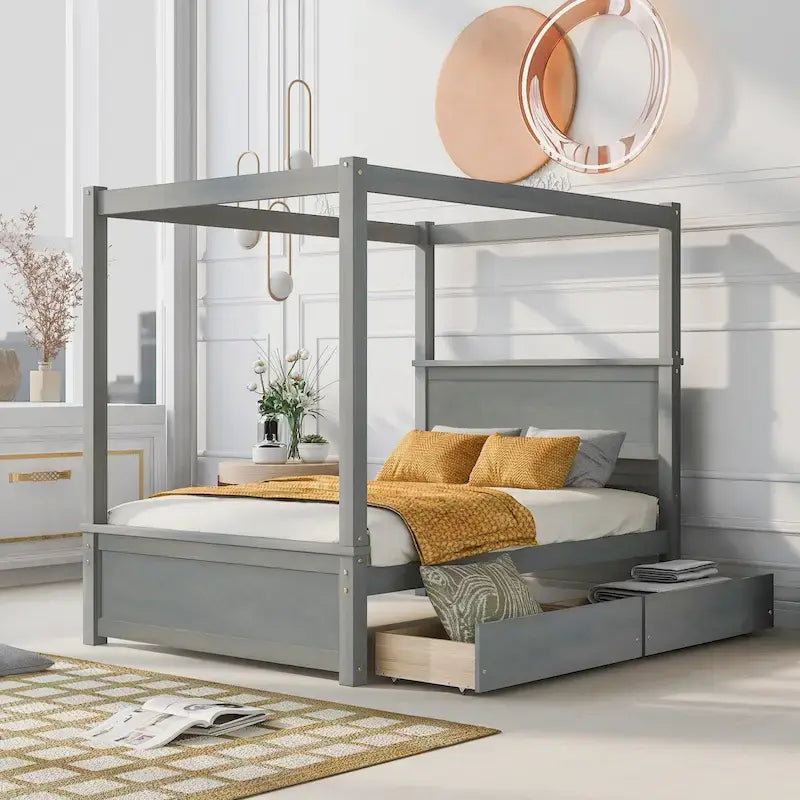Letto a baldacchino a piattaforma matrimoniale in Grigio/Bianco/Marrone con 2 cassetti, per 1-2 persone