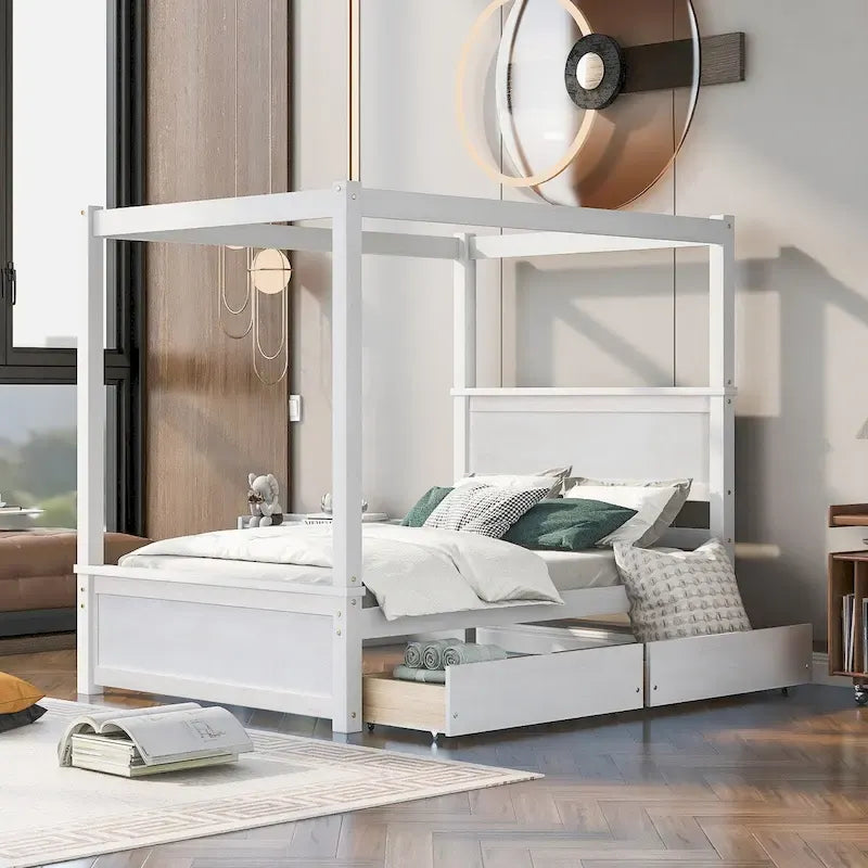 Letto a baldacchino a piattaforma matrimoniale in Grigio/Bianco/Marrone con 2 cassetti, per 1-2 persone