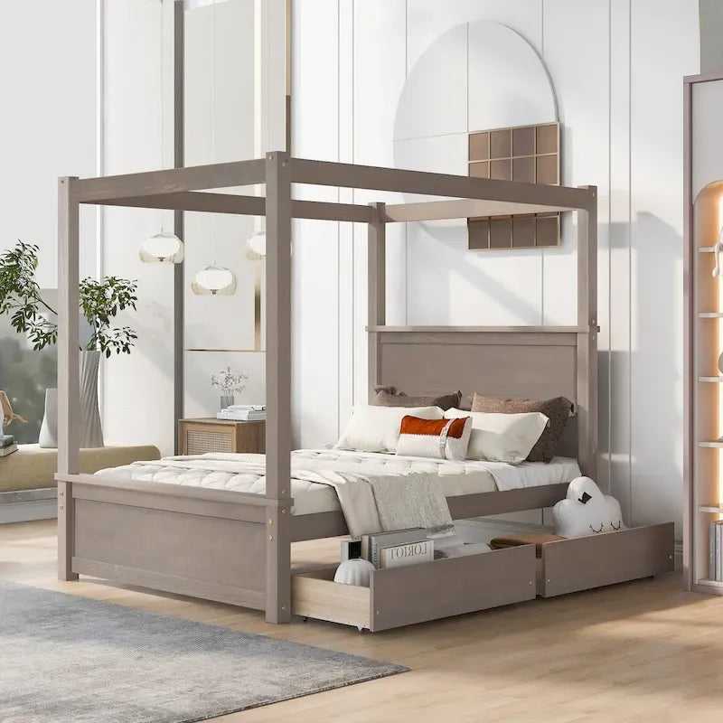 Letto a baldacchino a piattaforma matrimoniale in Grigio/Bianco/Marrone con 2 cassetti, per 1-2 persone