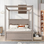 Letto a baldacchino a piattaforma matrimoniale in Grigio/Bianco/Marrone con 2 cassetti, per 1-2 persone