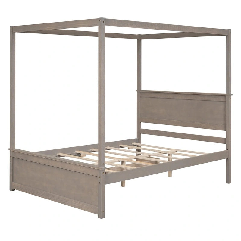 Letto a baldacchino a piattaforma matrimoniale in Grigio/Bianco/Marrone con 2 cassetti, per 1-2 persone