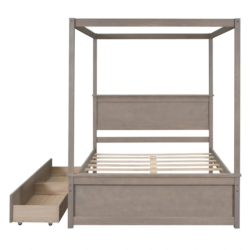 Letto a baldacchino a piattaforma matrimoniale in Grigio/Bianco/Marrone con 2 cassetti, per 1-2 persone