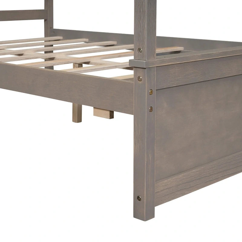 Letto a baldacchino a piattaforma matrimoniale in Grigio/Bianco/Marrone con 2 cassetti, per 1-2 persone