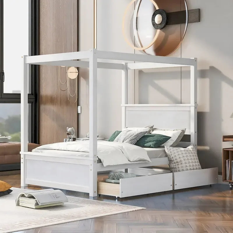 Letto a baldacchino a piattaforma matrimoniale in Grigio/Bianco/Marrone con 2 cassetti, per 1-2 persone