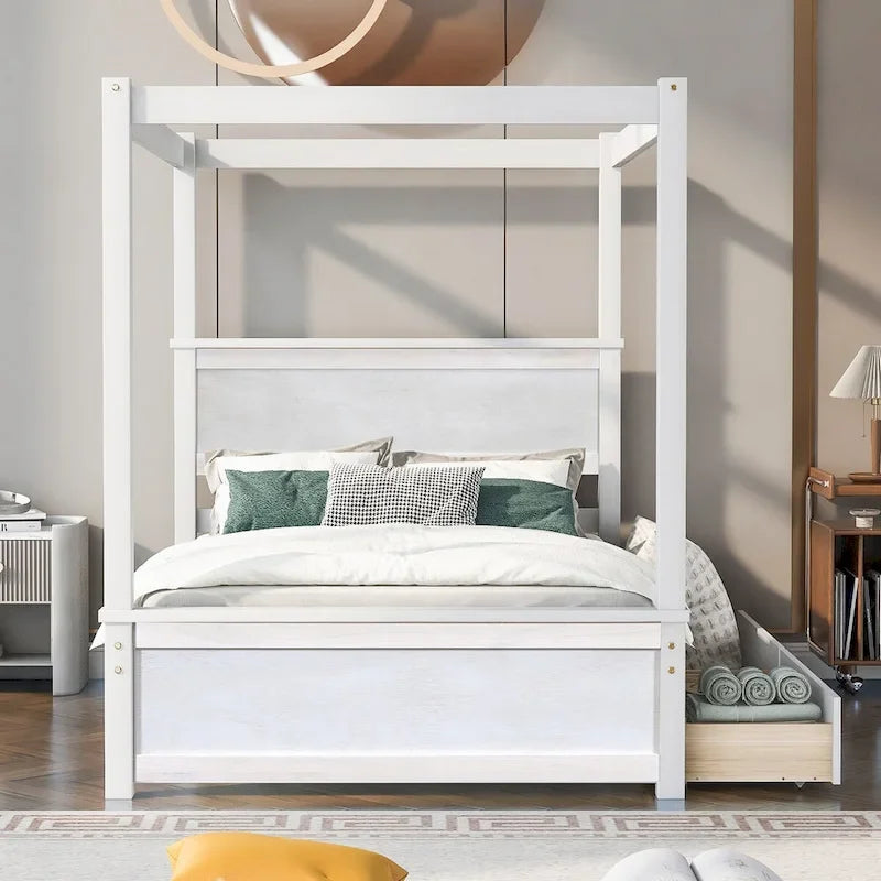 Letto a baldacchino a piattaforma matrimoniale in Grigio/Bianco/Marrone con 2 cassetti, per 1-2 persone