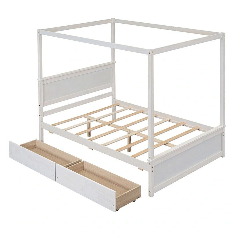 Letto a baldacchino a piattaforma matrimoniale in Grigio/Bianco/Marrone con 2 cassetti, per 1-2 persone