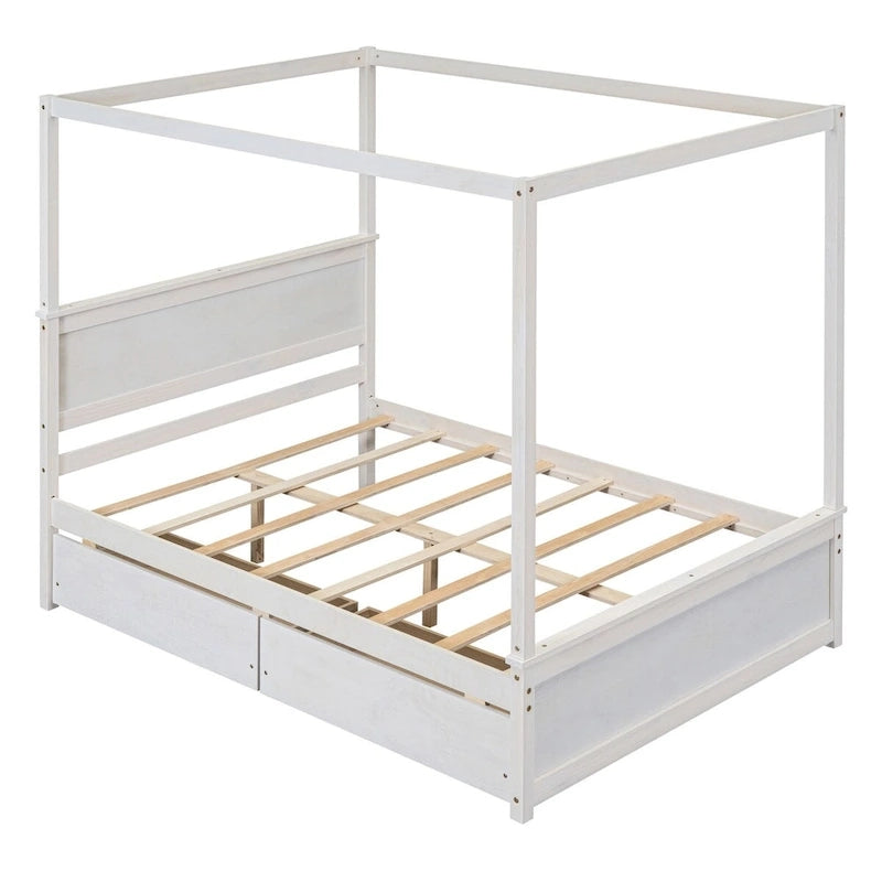 Letto a baldacchino a piattaforma matrimoniale in Grigio/Bianco/Marrone con 2 cassetti, per 1-2 persone