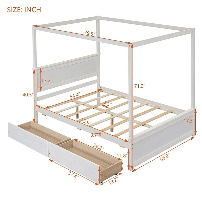 Letto a baldacchino a piattaforma matrimoniale in Grigio/Bianco/Marrone con 2 cassetti, per 1-2 persone