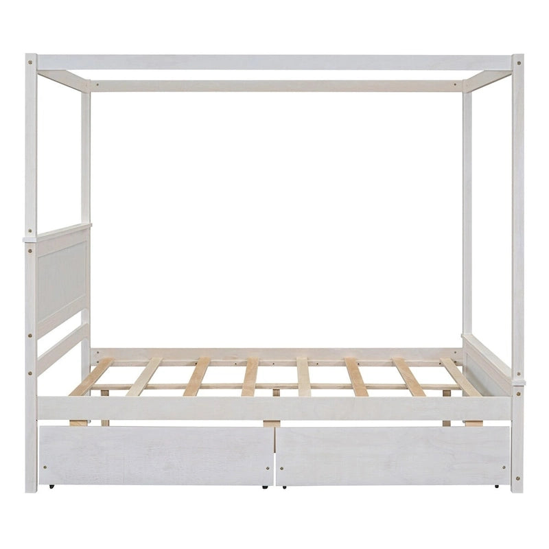 Letto a baldacchino a piattaforma matrimoniale in Grigio/Bianco/Marrone con 2 cassetti, per 1-2 persone