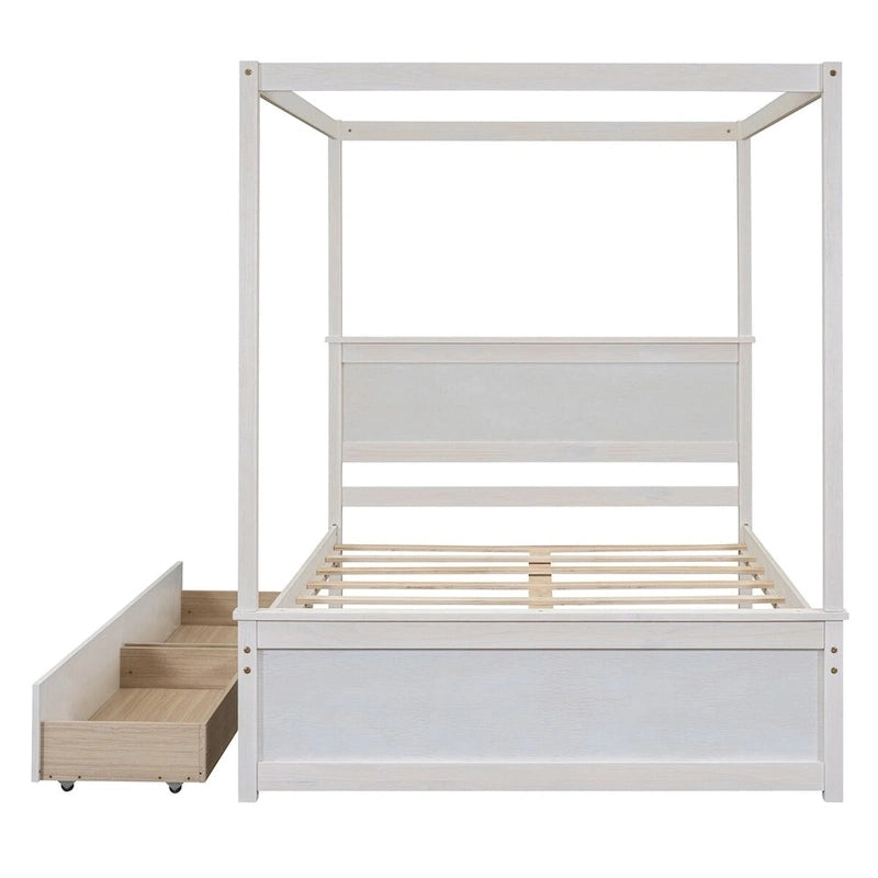 Letto a baldacchino a piattaforma matrimoniale in Grigio/Bianco/Marrone con 2 cassetti, per 1-2 persone