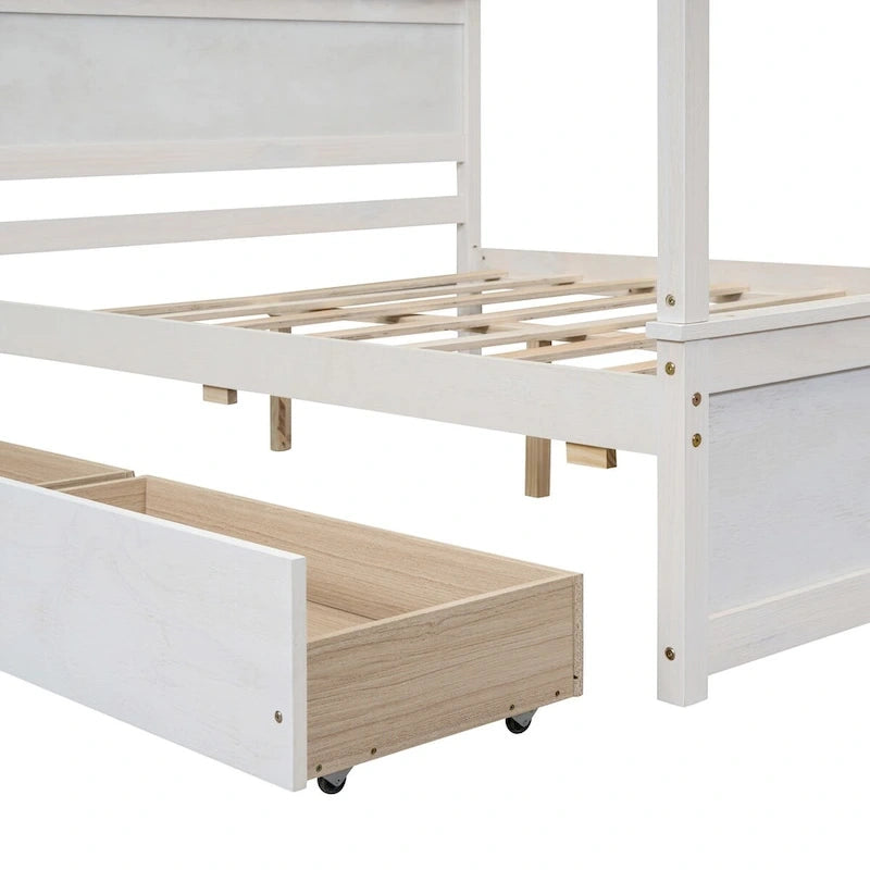 Letto a baldacchino a piattaforma matrimoniale in Grigio/Bianco/Marrone con 2 cassetti, per 1-2 persone
