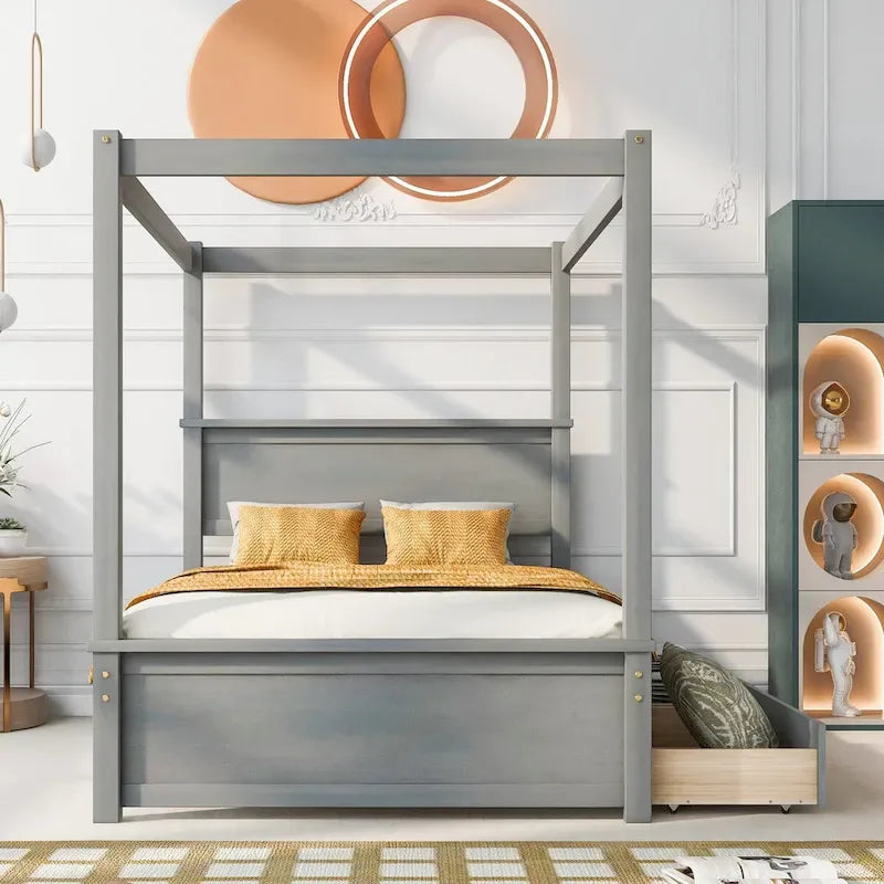 Letto a baldacchino a piattaforma matrimoniale in Grigio/Bianco/Marrone con 2 cassetti, per 1-2 persone