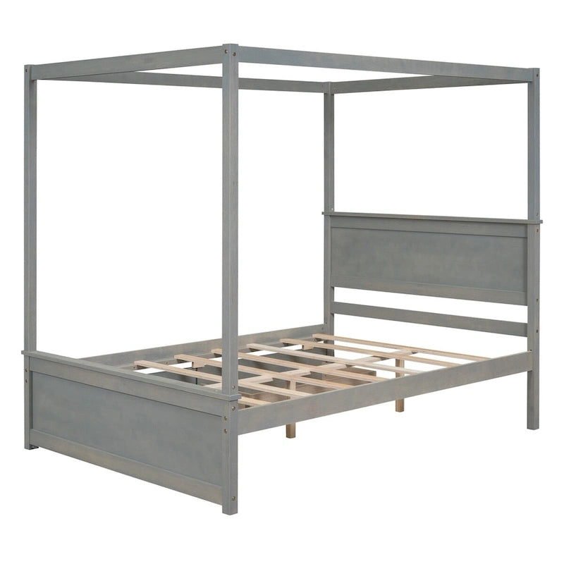 Letto a baldacchino a piattaforma matrimoniale in Grigio/Bianco/Marrone con 2 cassetti, per 1-2 persone