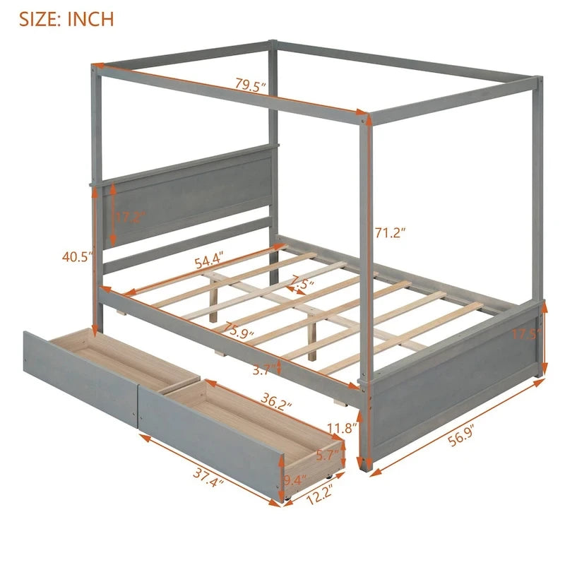 Letto a baldacchino a piattaforma matrimoniale in Grigio/Bianco/Marrone con 2 cassetti, per 1-2 persone