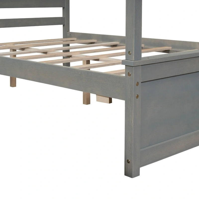 Letto a baldacchino a piattaforma matrimoniale in Grigio/Bianco/Marrone con 2 cassetti, per 1-2 persone