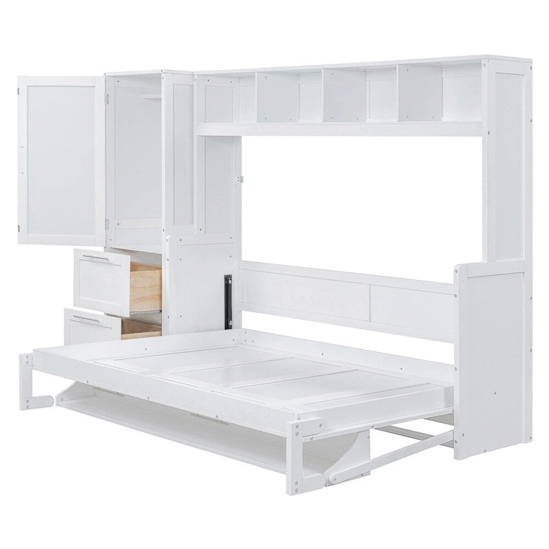 Letto a scomparsa matrimoniale "Queen" grigio/bianco con armadio e cassetti, 2 posti letto