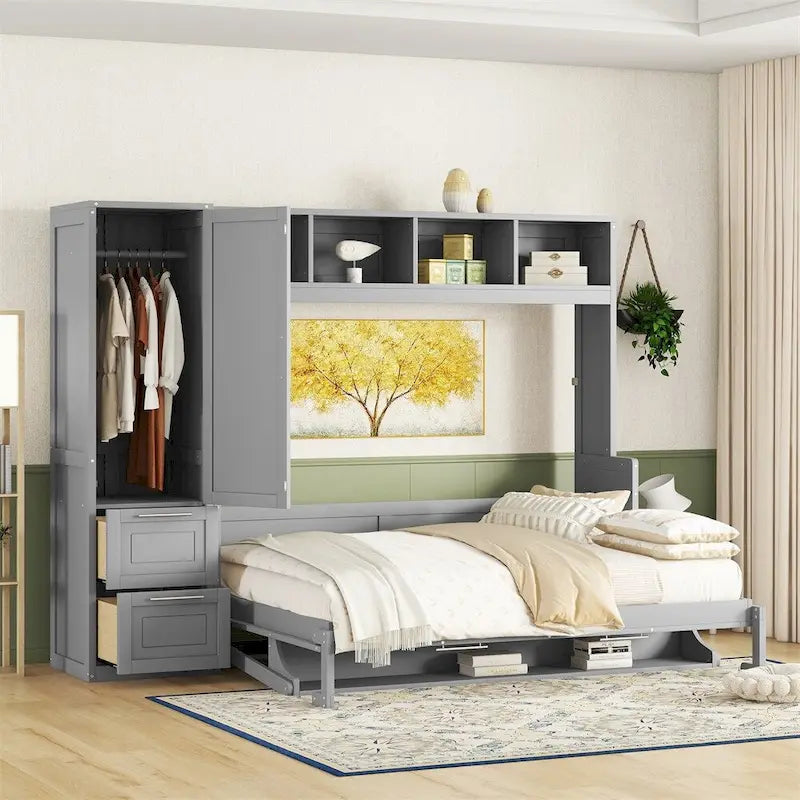 Letto a scomparsa matrimoniale "Queen" grigio/bianco con armadio e cassetti, 2 posti letto