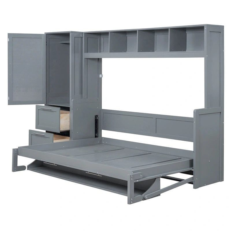 Letto a scomparsa matrimoniale "Queen" grigio/bianco con armadio e cassetti, 2 posti letto