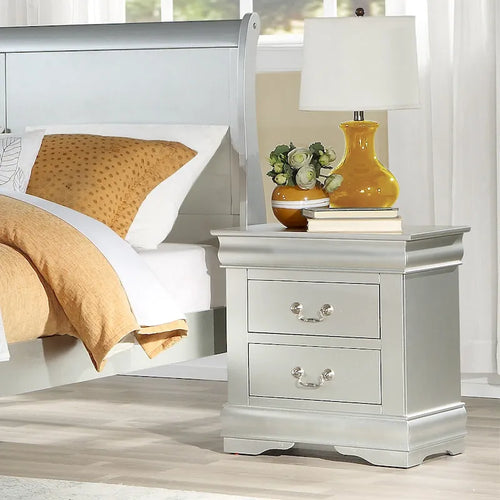 Comodino a 2 cassetti, stile Luigi Filippo, grigio scuro / argento / nero / ciliegio / bianco, per 1