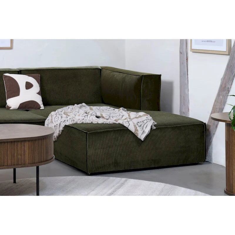 Divano modulare con chaise longue, 1 posto, in velluto a coste verde oliva e bouclé color tortora