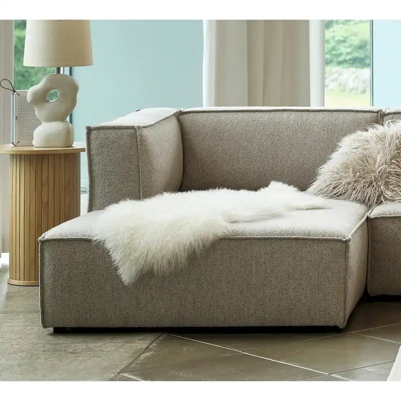 Divano modulare con chaise longue, 1 posto, in velluto a coste verde oliva e bouclé color tortora
