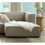Divano modulare con chaise longue, 1 posto, in velluto a coste verde oliva e bouclé color tortora