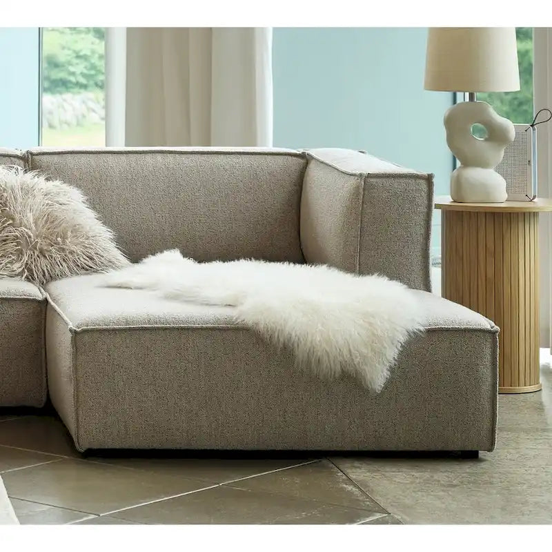 Divano modulare con chaise longue, 1 posto, in velluto a coste verde oliva e bouclé color tortora