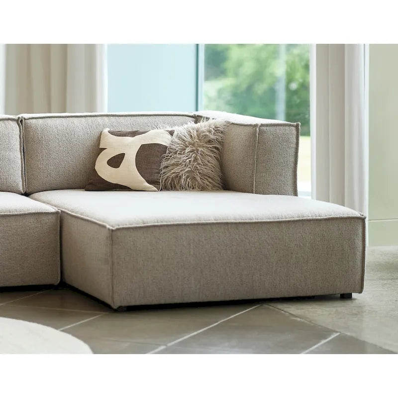 Divano modulare con chaise longue, 1 posto, in velluto a coste verde oliva e bouclé color tortora