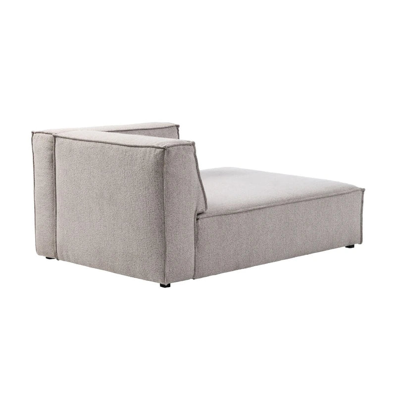 Divano modulare con chaise longue, 1 posto, in velluto a coste verde oliva e bouclé color tortora