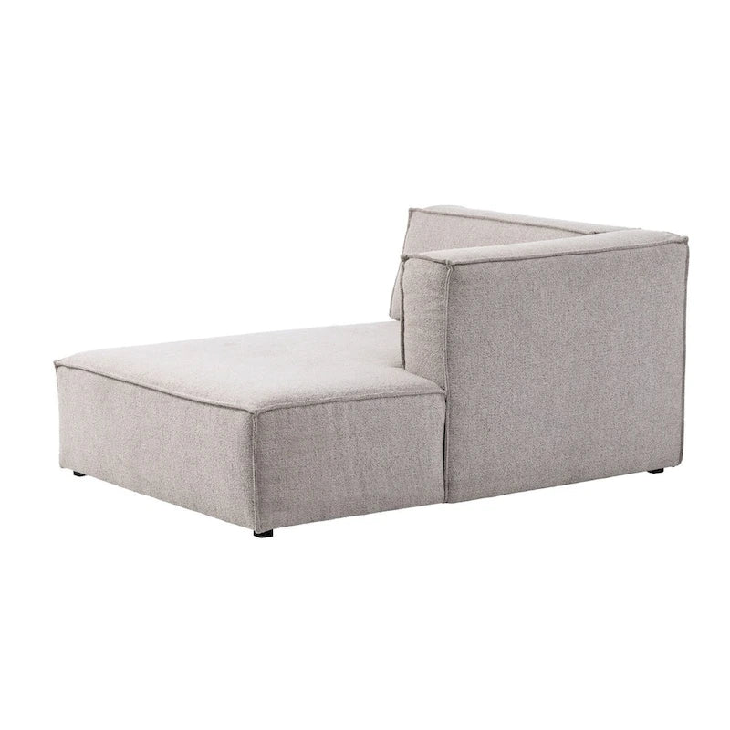 Divano modulare con chaise longue, 1 posto, in velluto a coste verde oliva e bouclé color tortora