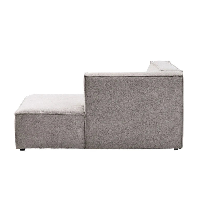 Divano modulare con chaise longue, 1 posto, in velluto a coste verde oliva e bouclé color tortora