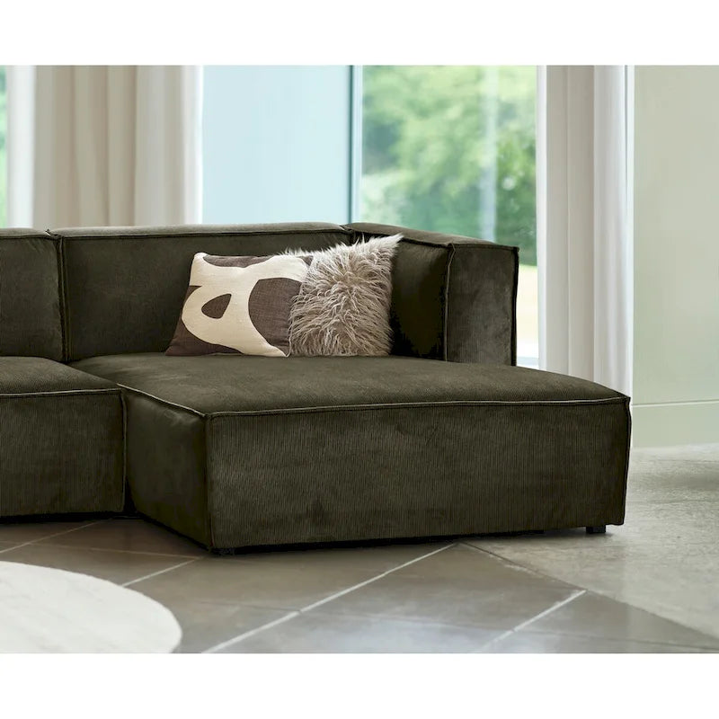 Divano modulare con chaise longue, 1 posto, in velluto a coste verde oliva e bouclé color tortora