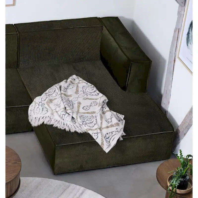 Divano modulare con chaise longue, 1 posto, in velluto a coste verde oliva e bouclé color tortora