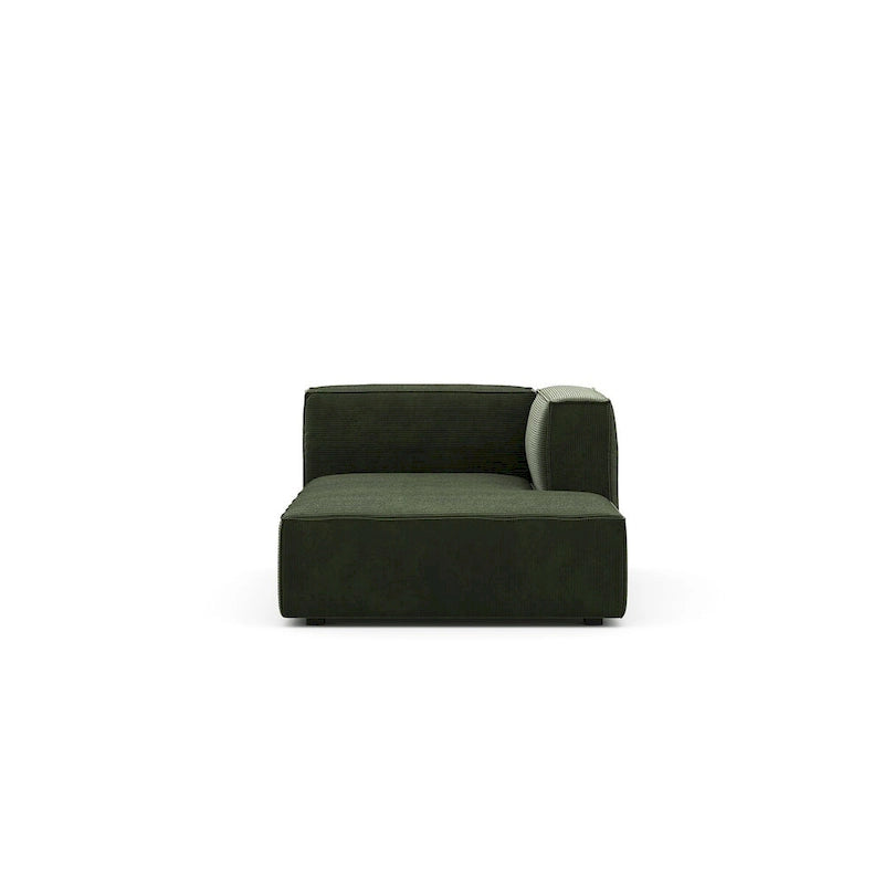 Divano modulare con chaise longue, 1 posto, in velluto a coste verde oliva e bouclé color tortora