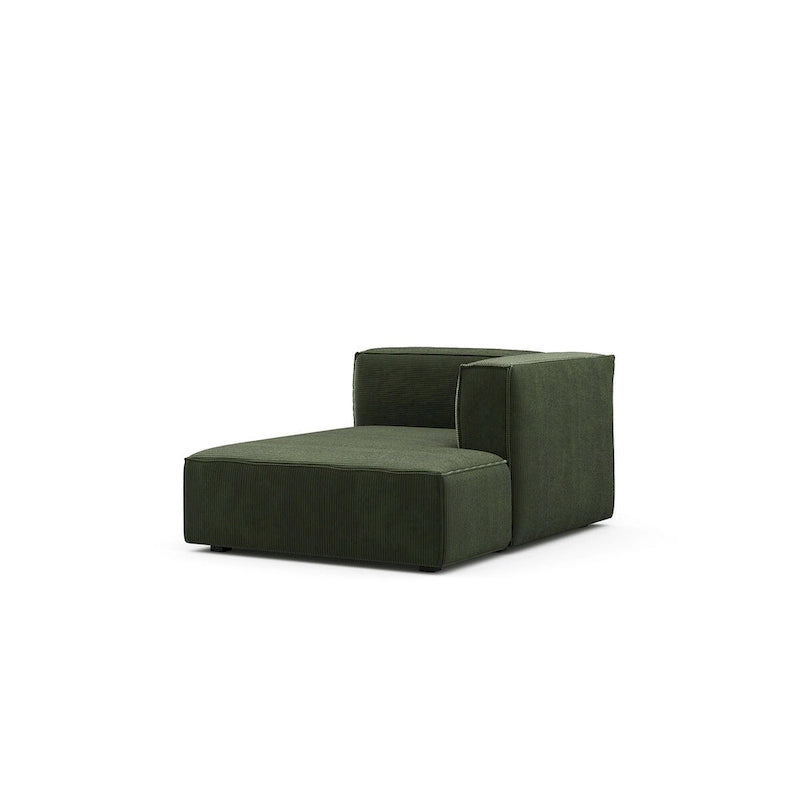Divano modulare con chaise longue, 1 posto, in velluto a coste verde oliva e bouclé color tortora