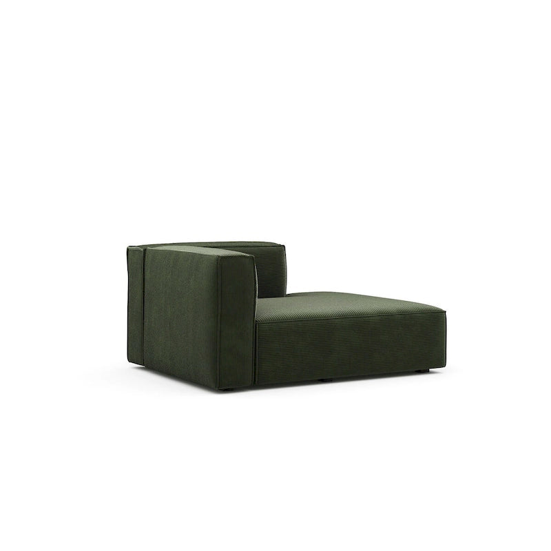 Divano modulare con chaise longue, 1 posto, in velluto a coste verde oliva e bouclé color tortora