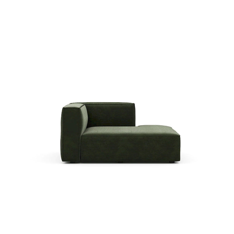 Divano modulare con chaise longue, 1 posto, in velluto a coste verde oliva e bouclé color tortora