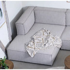 Divano modulare con chaise longue, 1 posto, in velluto a coste verde oliva e bouclé color tortora
