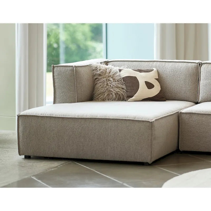 Divano modulare con chaise longue, 1 posto, in velluto a coste verde oliva e bouclé color tortora