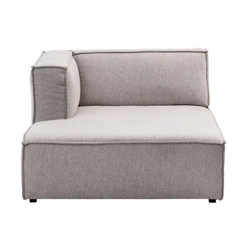 Divano modulare con chaise longue, 1 posto, in velluto a coste verde oliva e bouclé color tortora